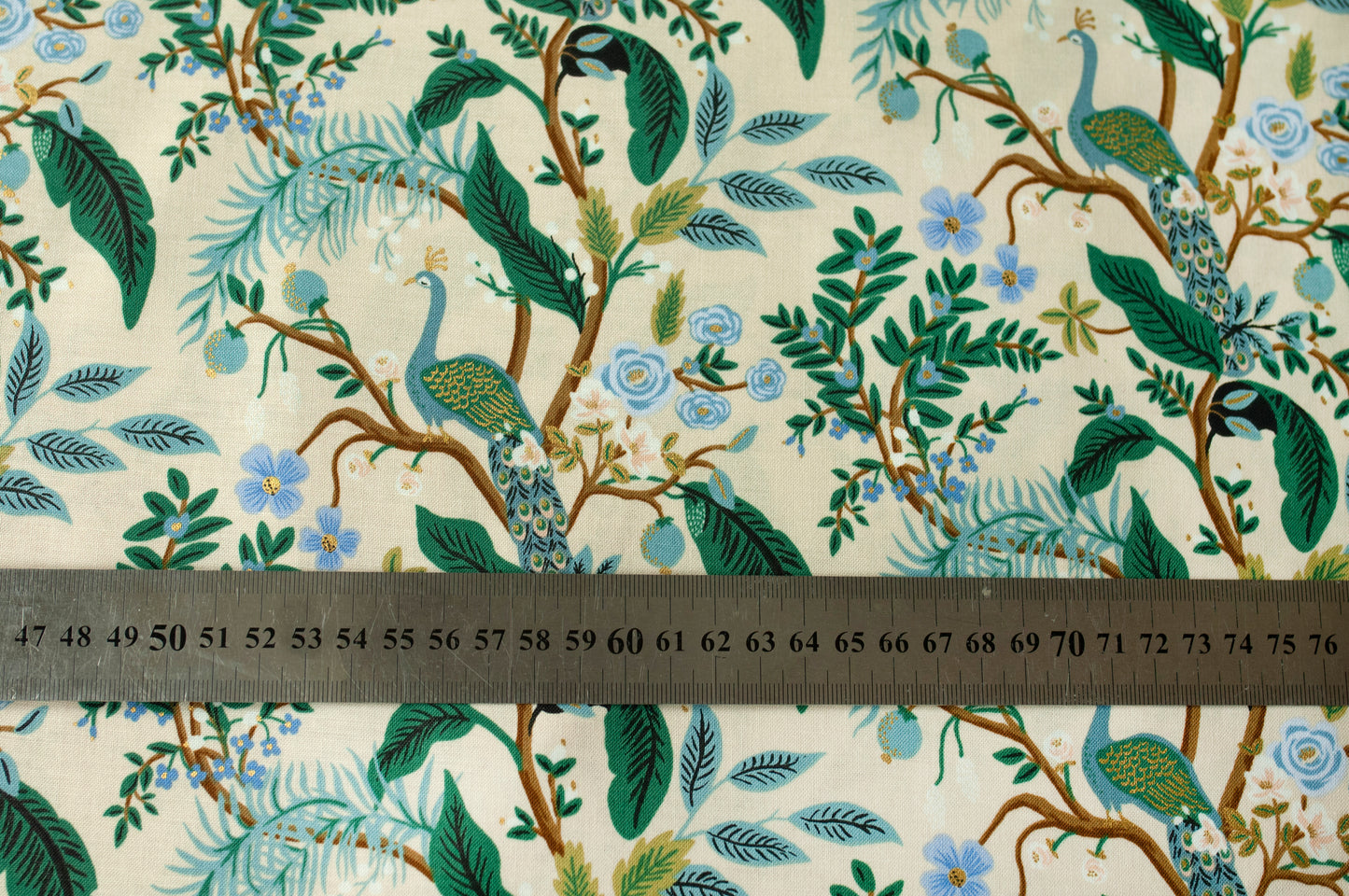 Vintage Garden Collection - Peacock in Cream Metallic, half meter