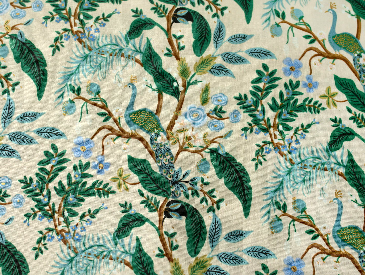 Vintage Garden Collection - Peacock in Cream Metallic, half meter