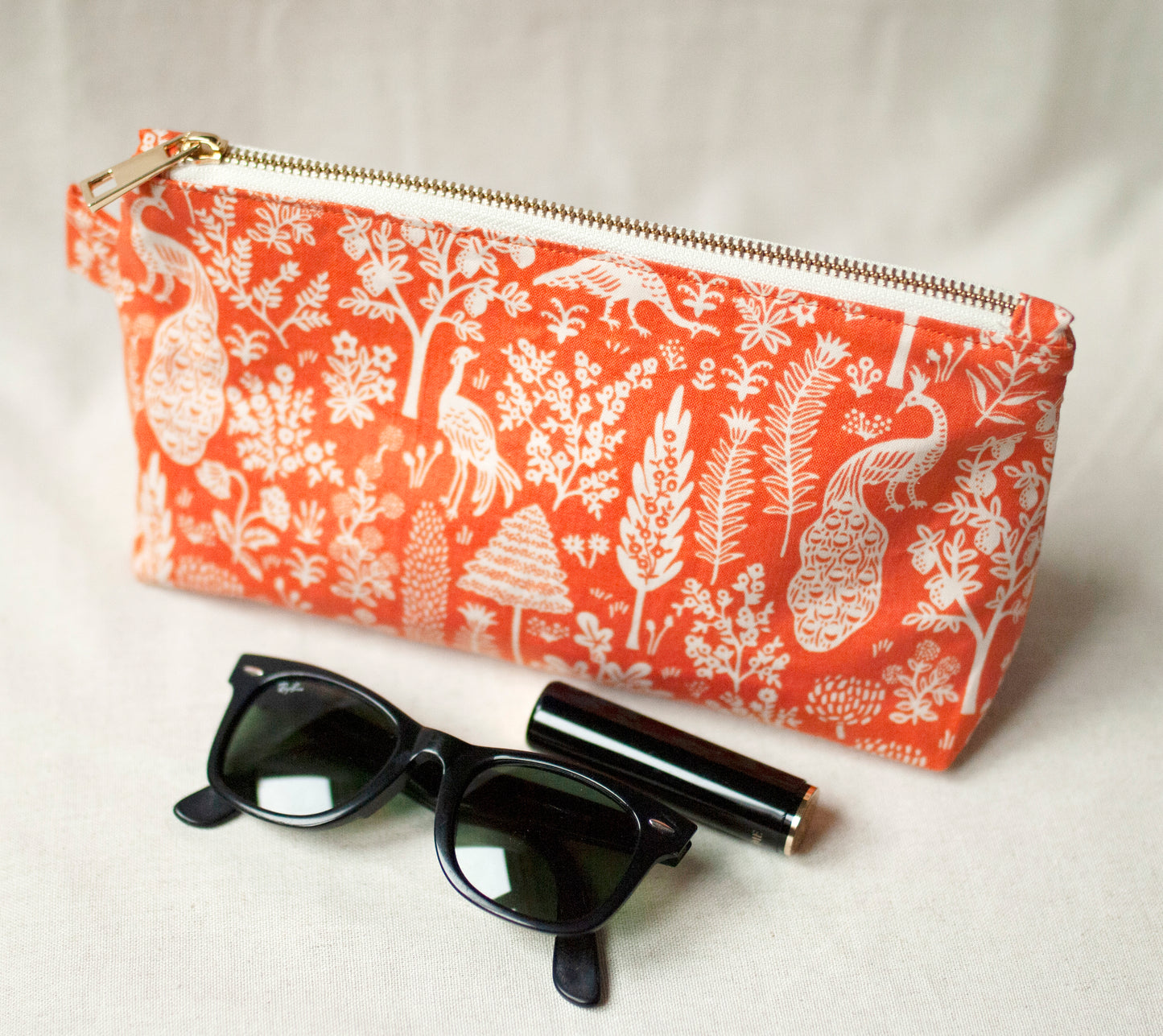 Orange peacock pouch – decorative cotton fabric makeup bag, eko-friendly travel case