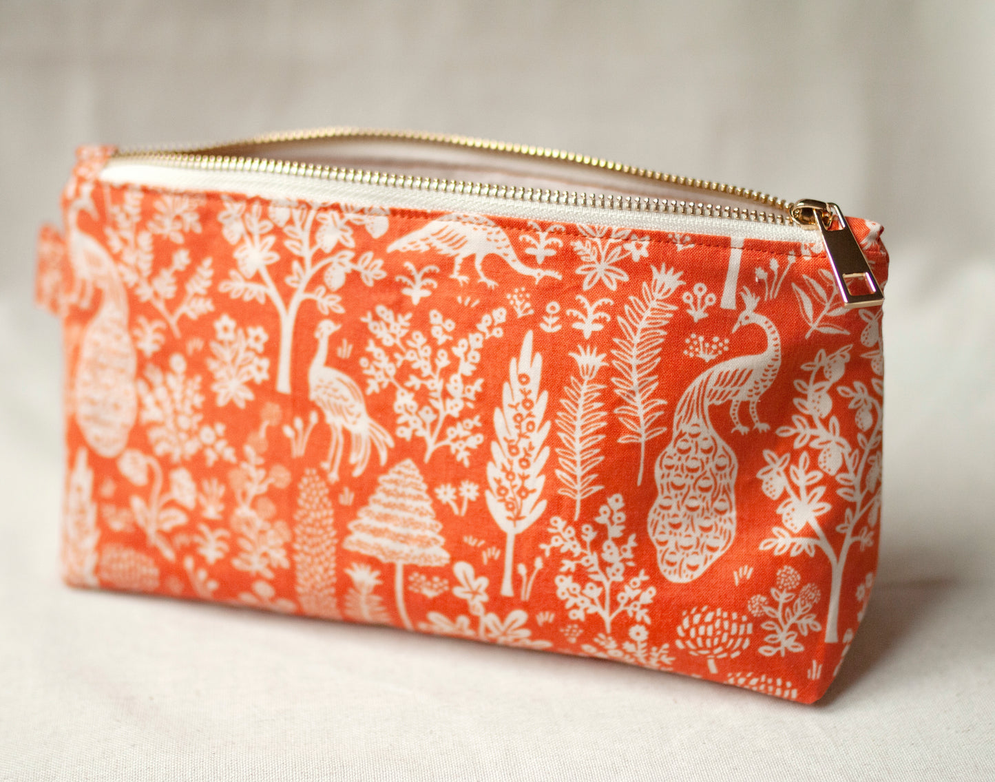 Orange peacock pouch – decorative cotton fabric makeup bag, eko-friendly travel case