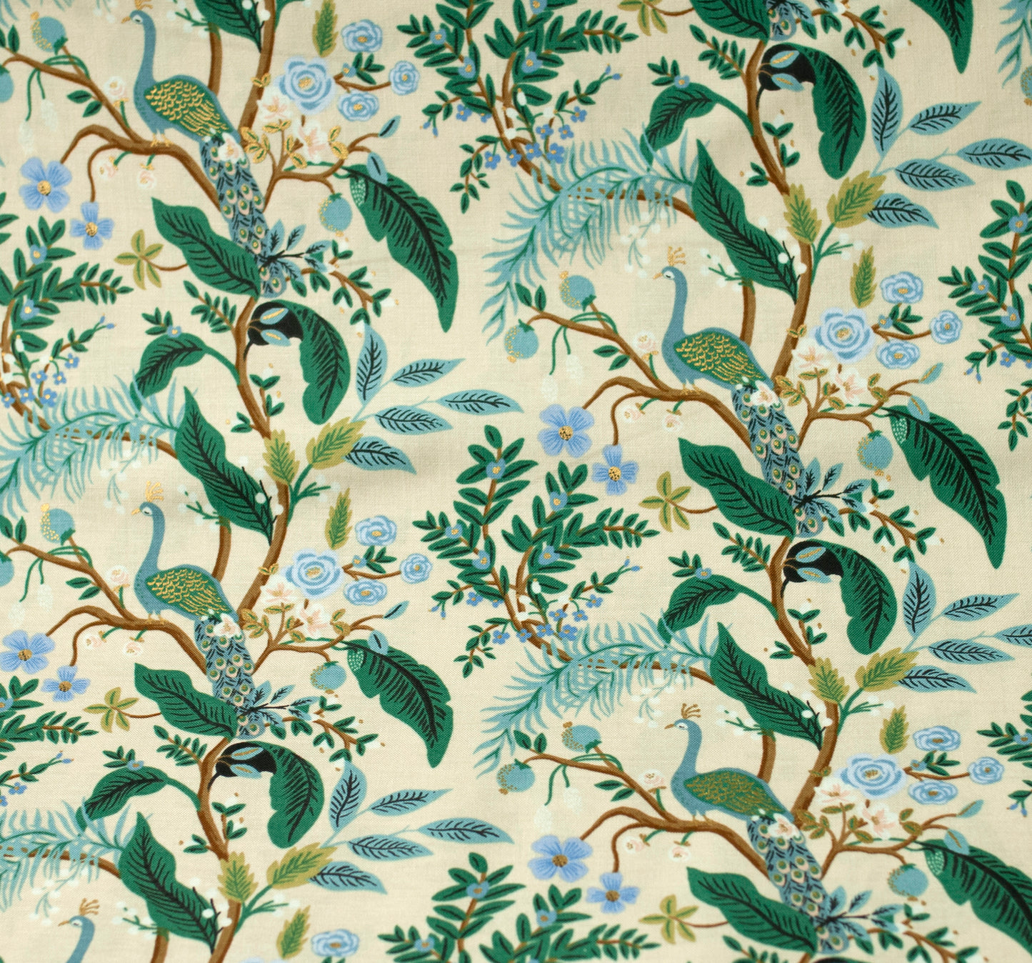 Vintage Garden Collection - Peacock in Cream Metallic, half meter