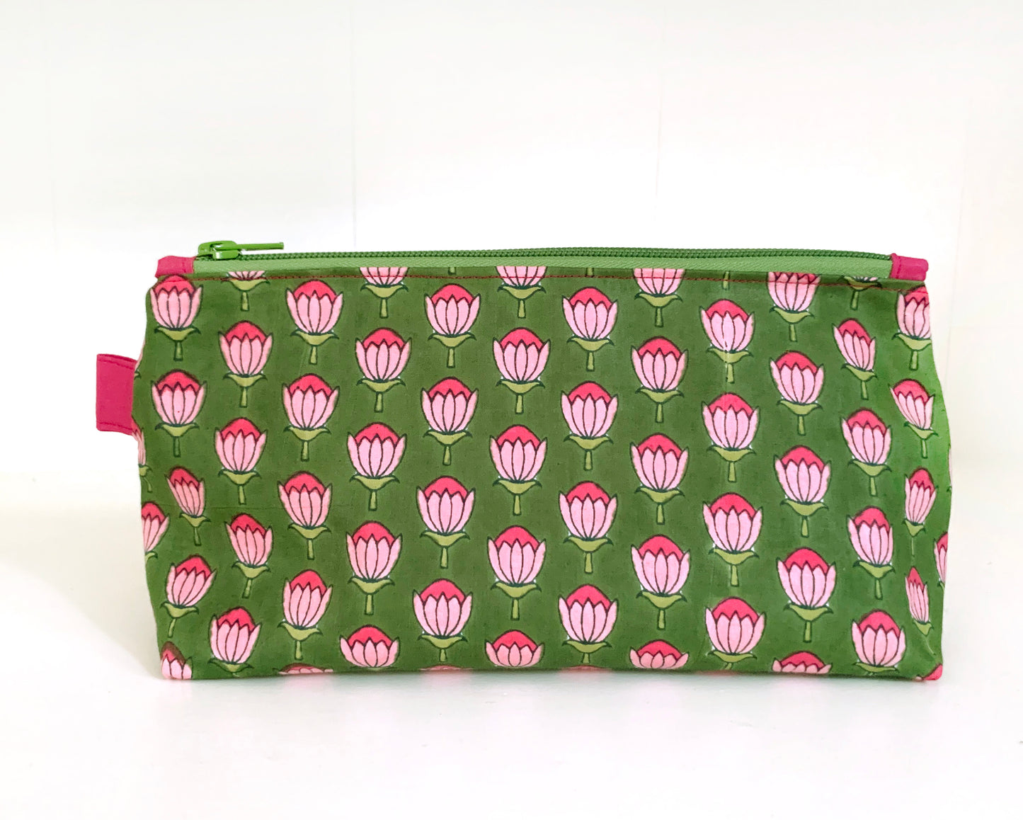 Indian block print makeup pouch – green fuchsia cotton cosmetic bag