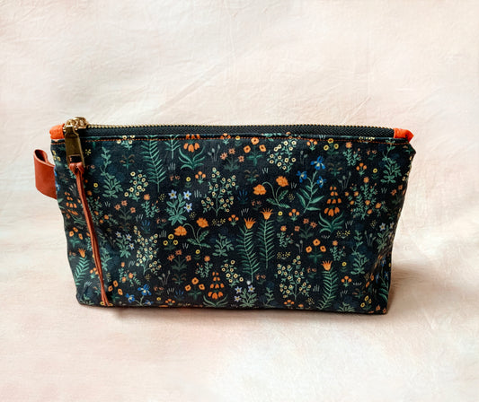 Makeup pouch: Black floral whimsical cotton cosmetic bag, Rifle Paper Co fabric