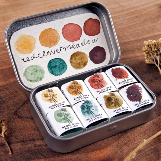Watercolor set of 8 hanbdmade watercolor paint half pans. RedCloverMeadow. Mineral palette. Earth tones.