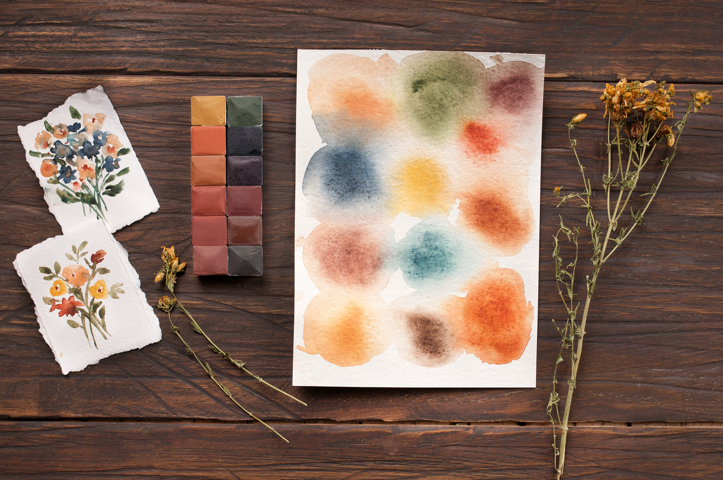 Handmade watercolor paint. Artist paint set of 12 colors. Watercolor palette.