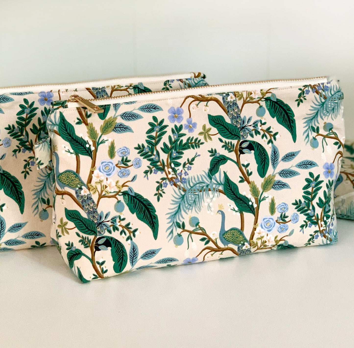 Peacock makeup pouch – cotton fabric cosmetic bag, toiletry case