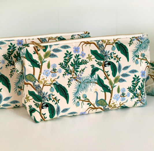 Peacock makeup pouch – cotton fabric cosmetic bag, toiletry case