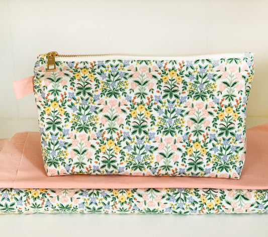 Big floral makeup pouch – toiletry case, floral cotton fabric cosmetic bag