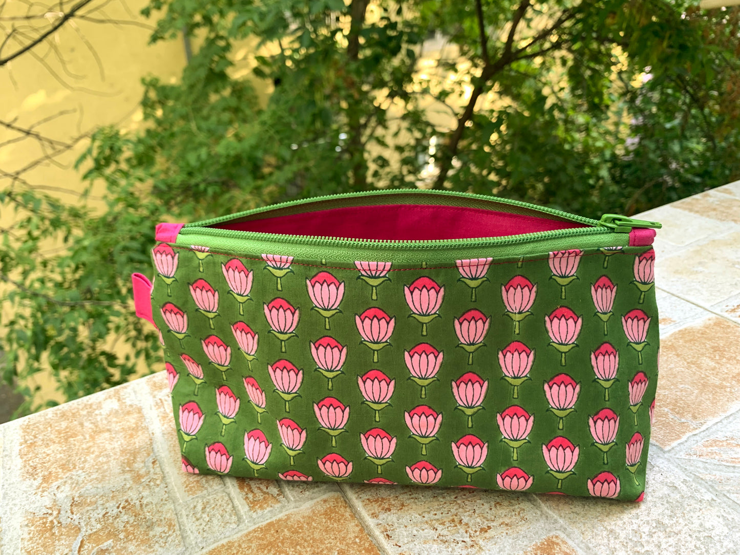 Indian block print makeup pouch – green fuchsia cotton cosmetic bag