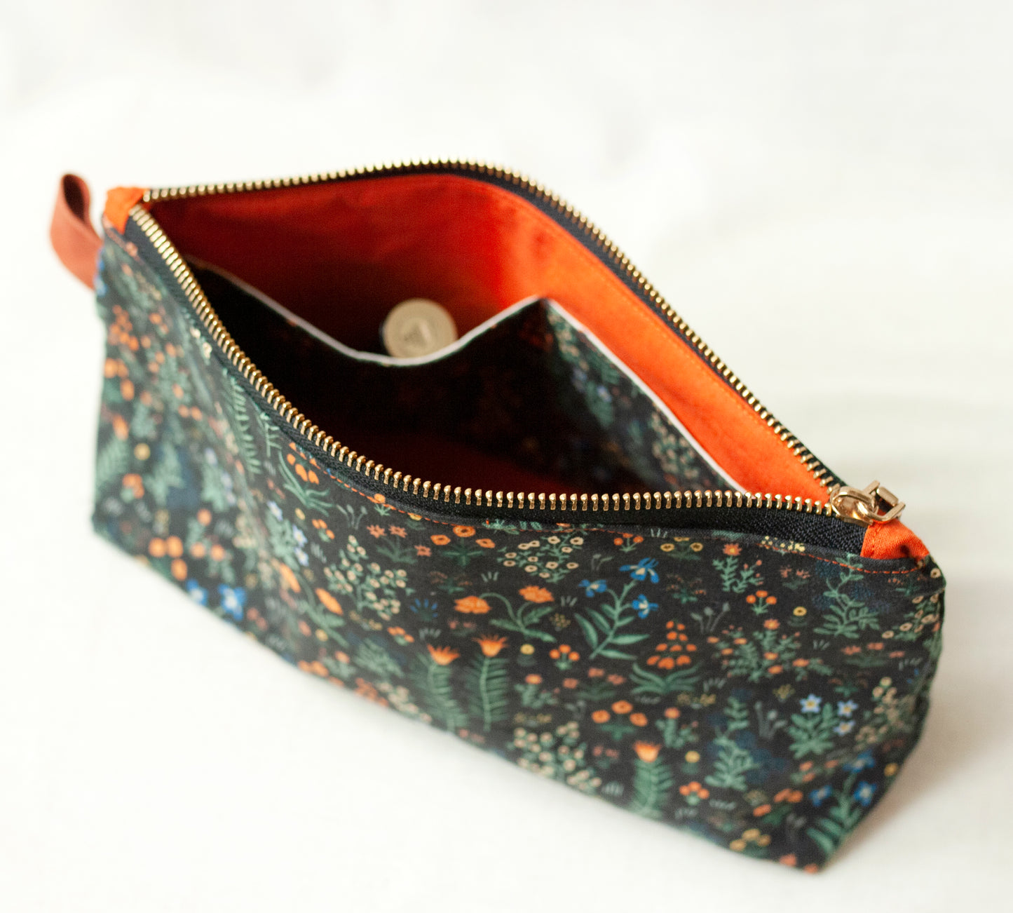 Makeup pouch: Black floral whimsical cotton cosmetic bag, Rifle Paper Co fabric