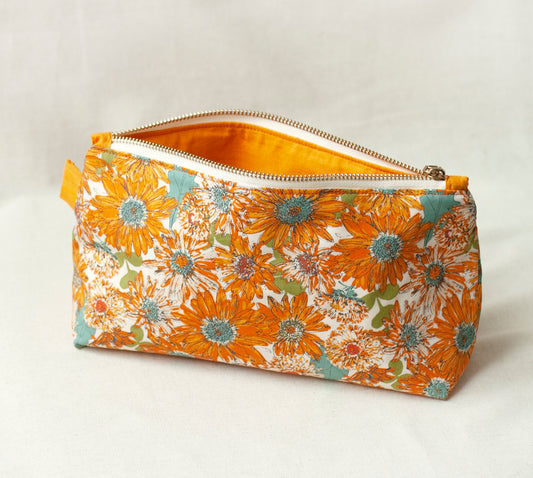 Orange daisy makeup bag – artisan floral cosmetic pouch