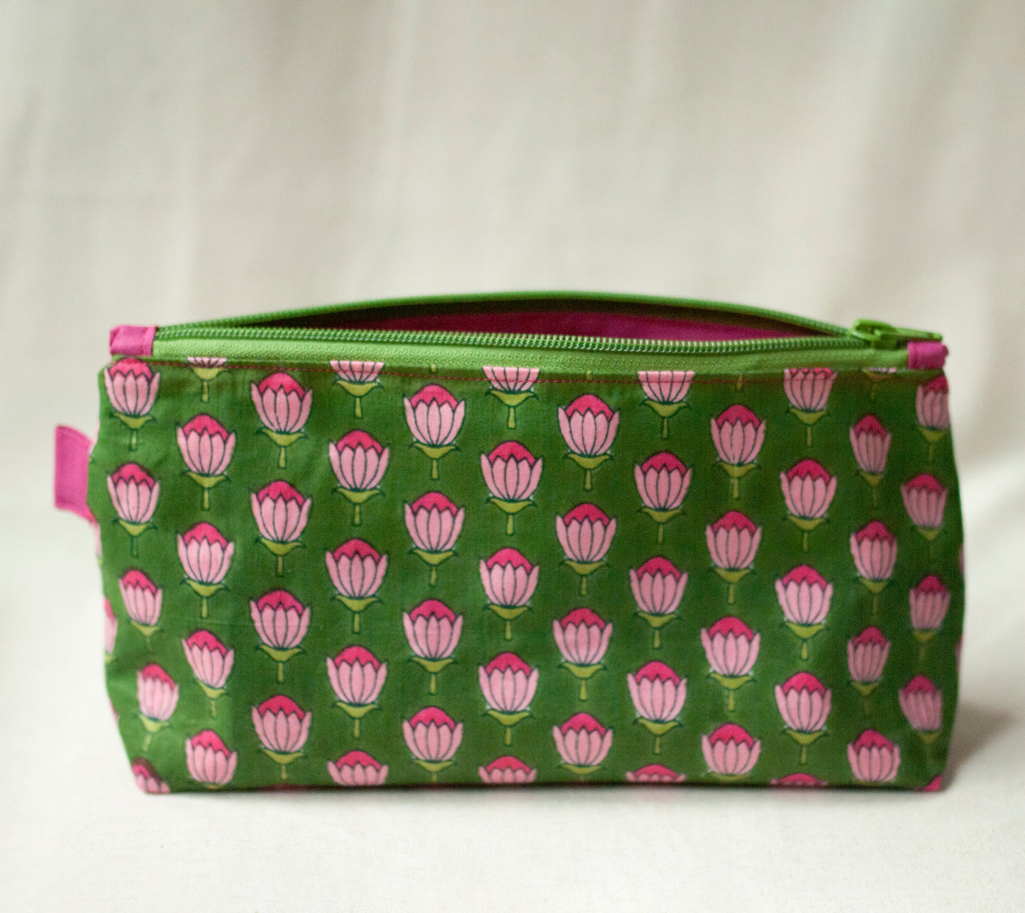 Indian block print makeup pouch – green fuchsia cotton cosmetic bag