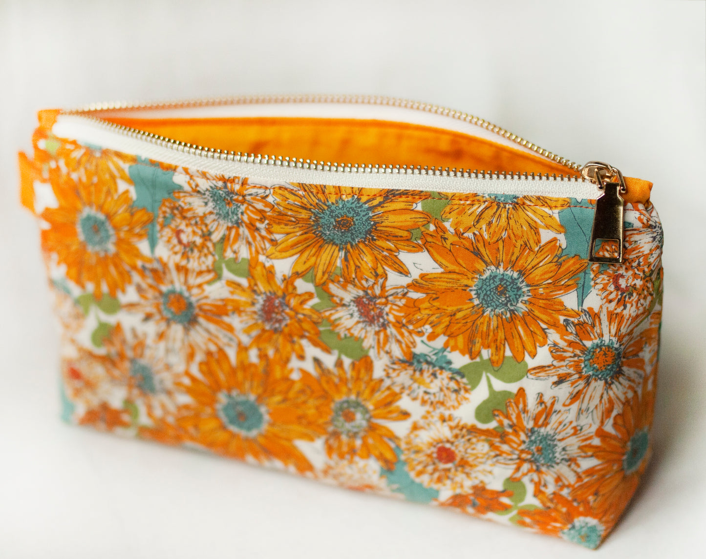 Orange daisy makeup bag – artisan floral cosmetic pouch