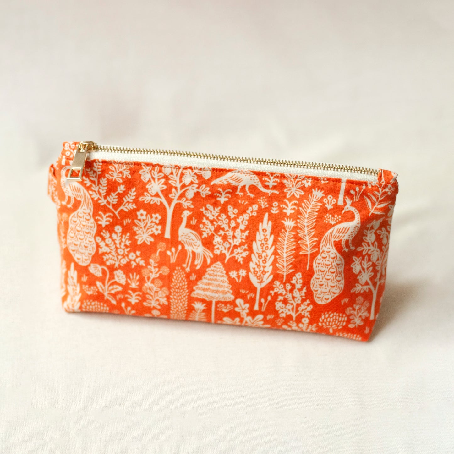 Orange peacock pouch – decorative cotton fabric makeup bag, eko-friendly travel case
