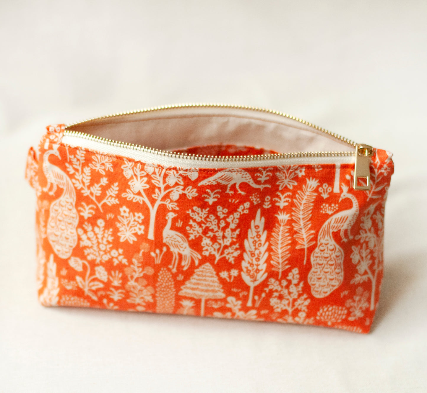 Orange peacock pouch – decorative cotton fabric makeup bag, eko-friendly travel case