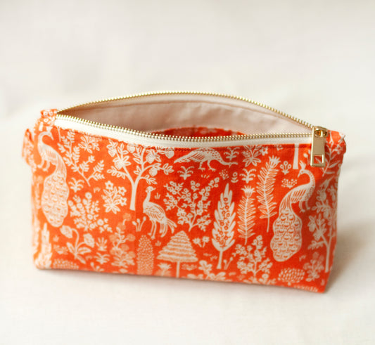 Orange peacock pouch – decorative cotton fabric makeup bag, eko-friendly travel case