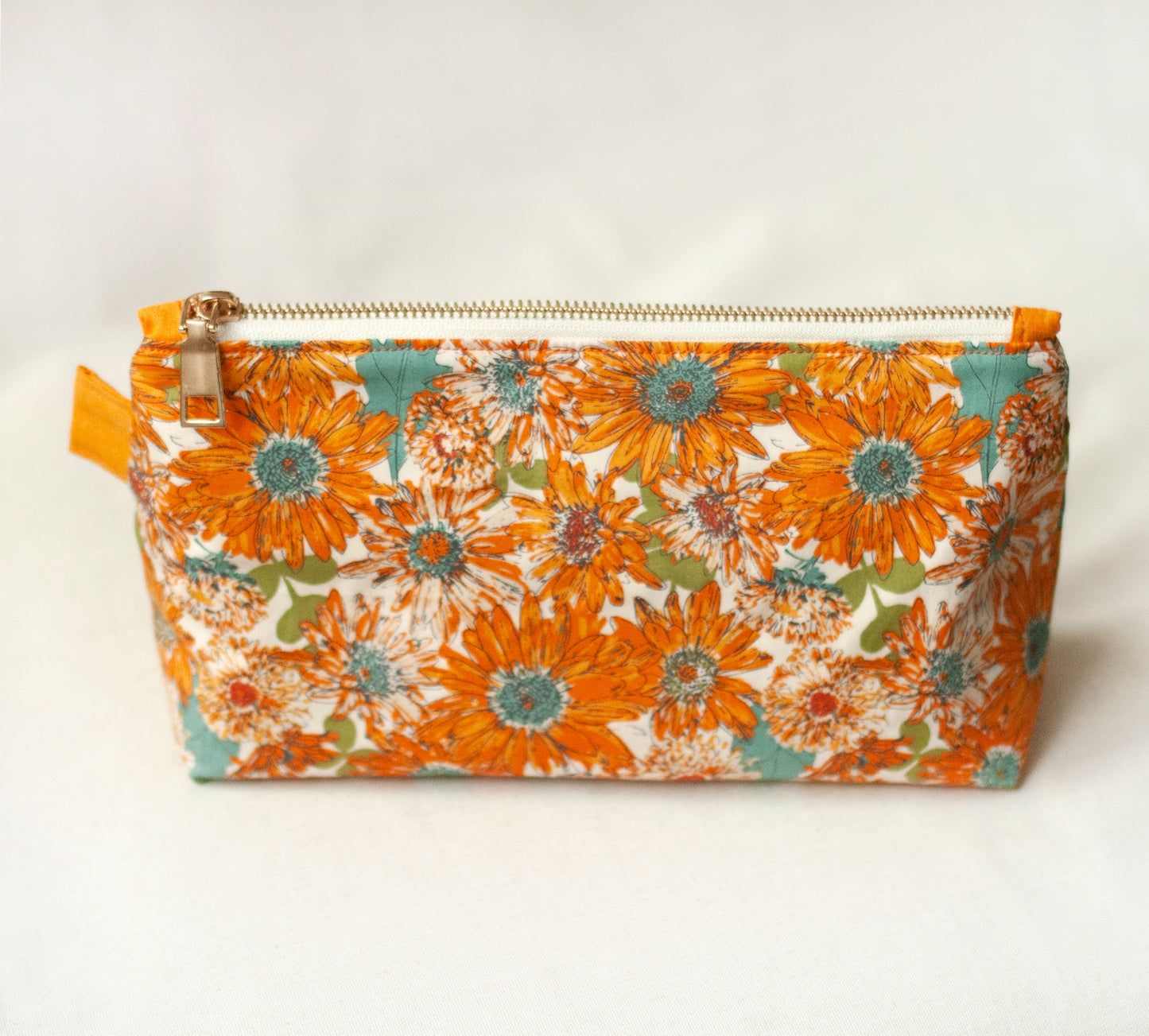 Orange daisy makeup bag – artisan floral cosmetic pouch