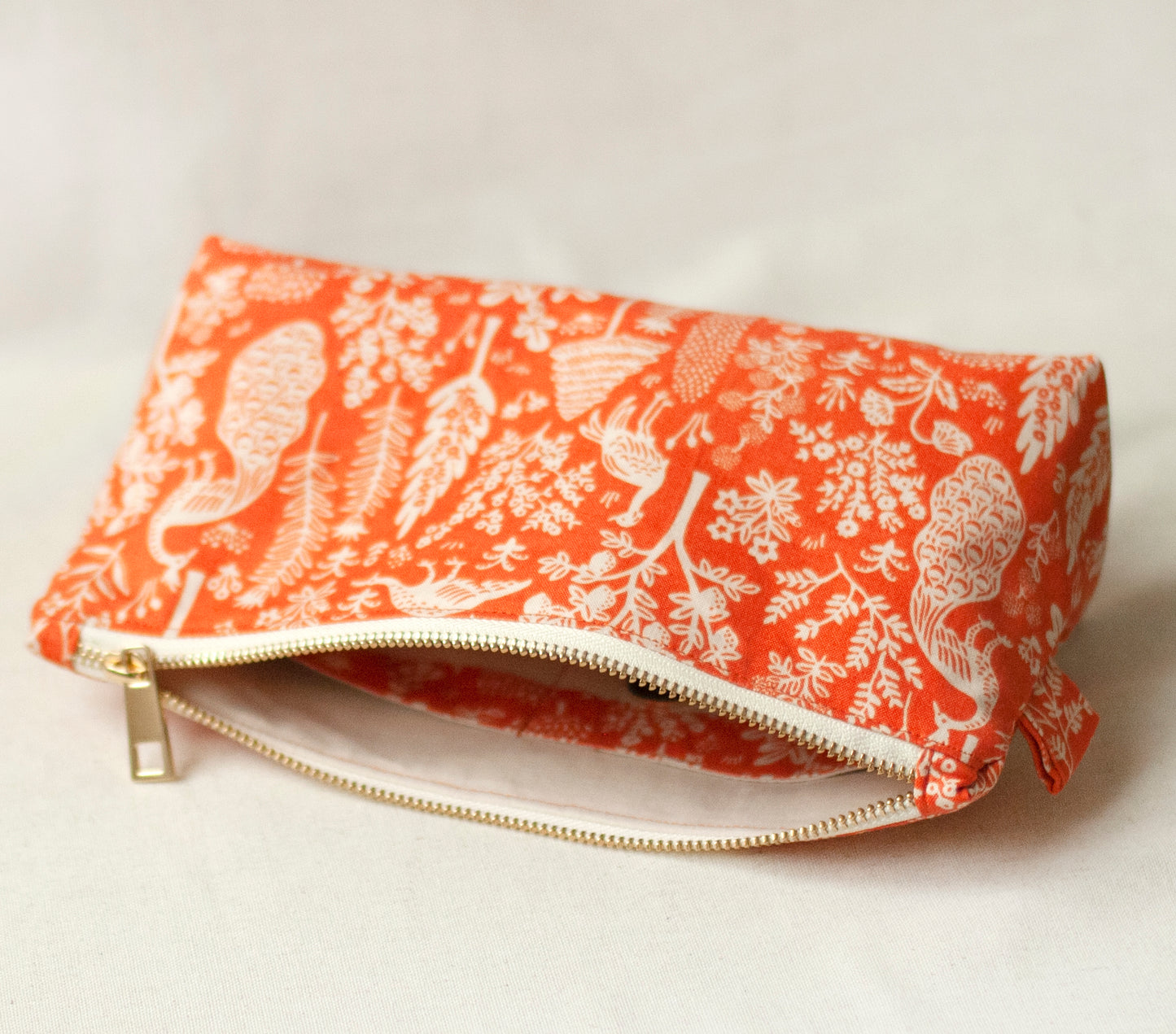 Orange peacock pouch – decorative cotton fabric makeup bag, eko-friendly travel case