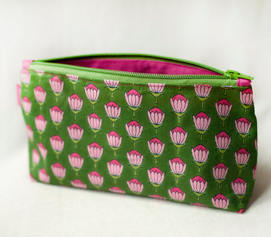 Indian block print makeup pouch – green fuchsia cotton cosmetic bag