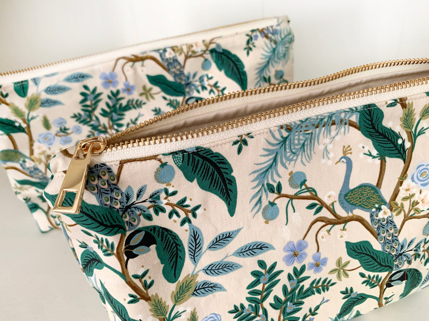 Peacock makeup pouch – cotton fabric cosmetic bag, toiletry case