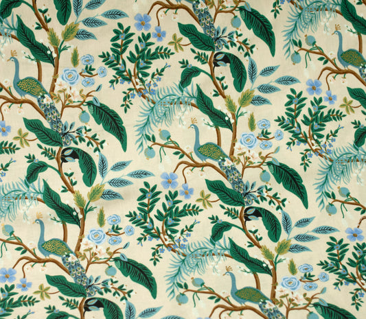 Vintage Garden Collection - Peacock in Cream Metallic, half meter