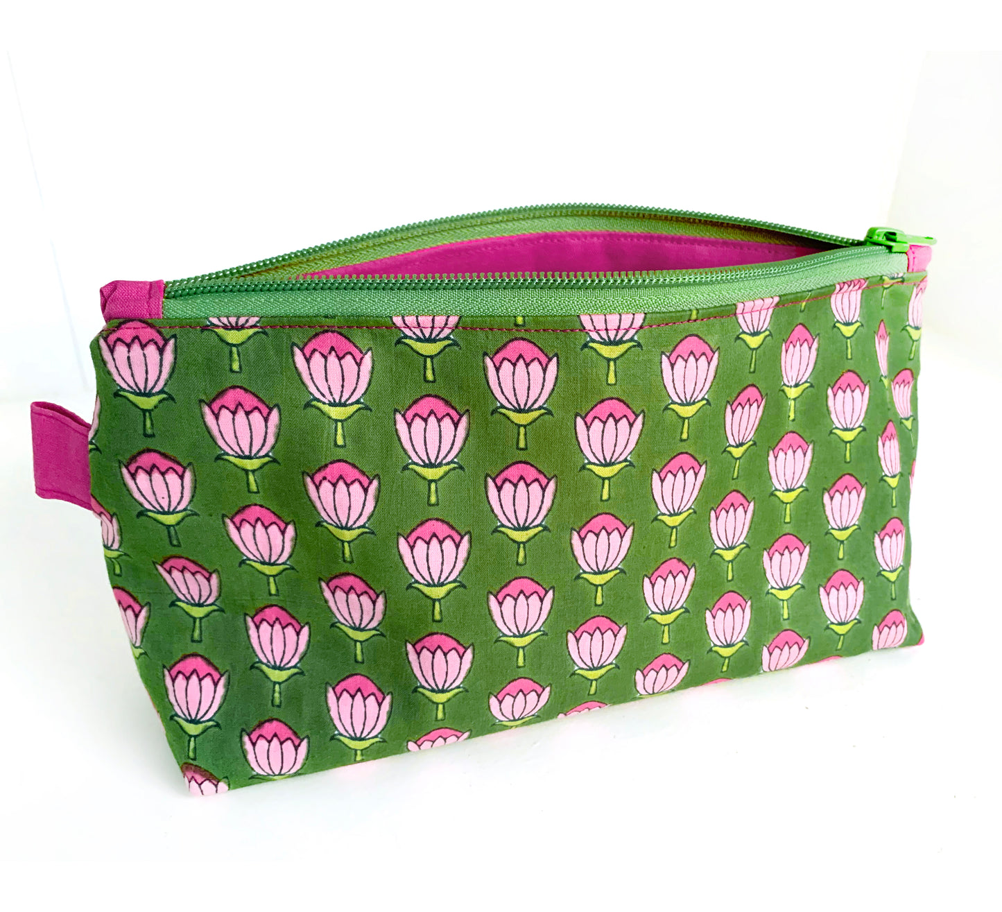 Indian block print makeup pouch – green fuchsia cotton cosmetic bag