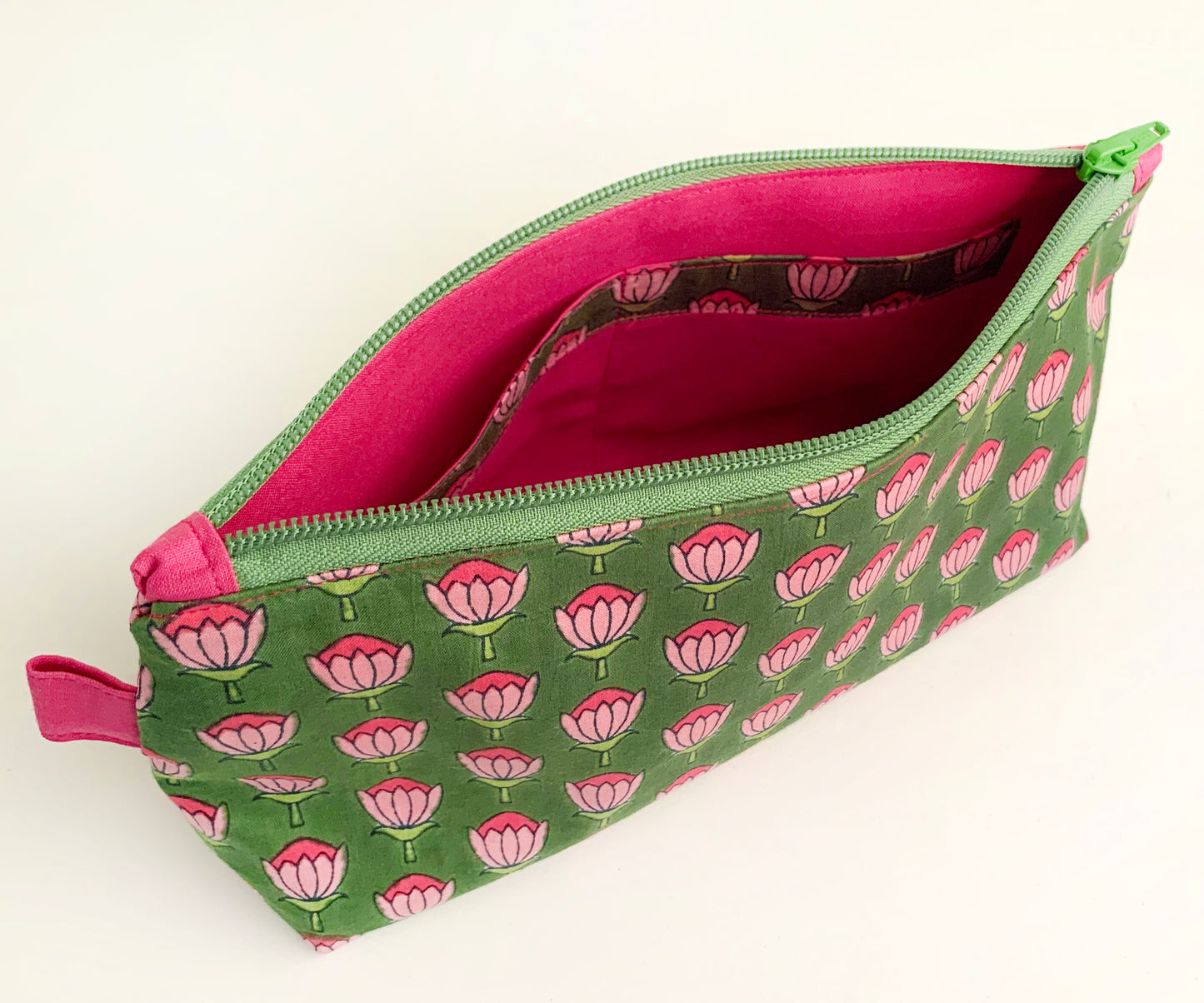 Indian block print makeup pouch – green fuchsia cotton cosmetic bag