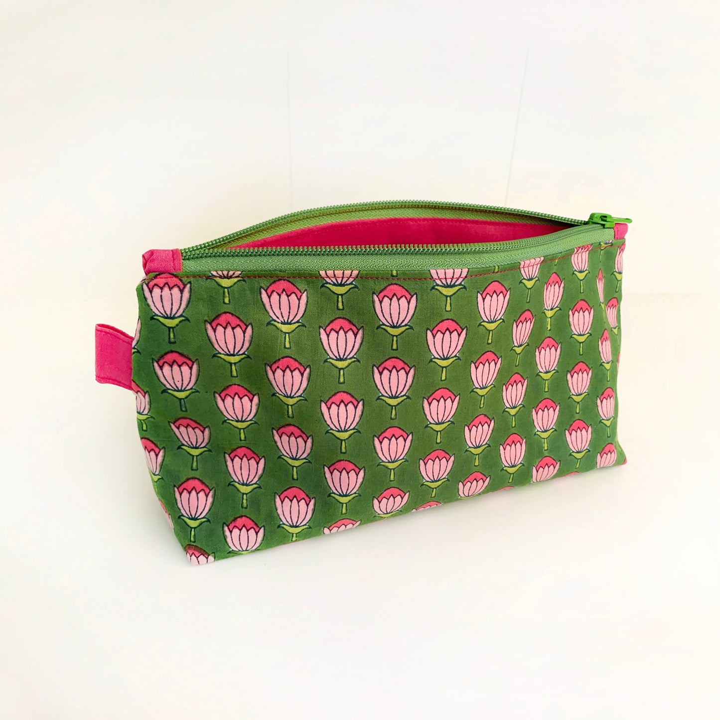 Indian block print makeup pouch – green fuchsia cotton cosmetic bag