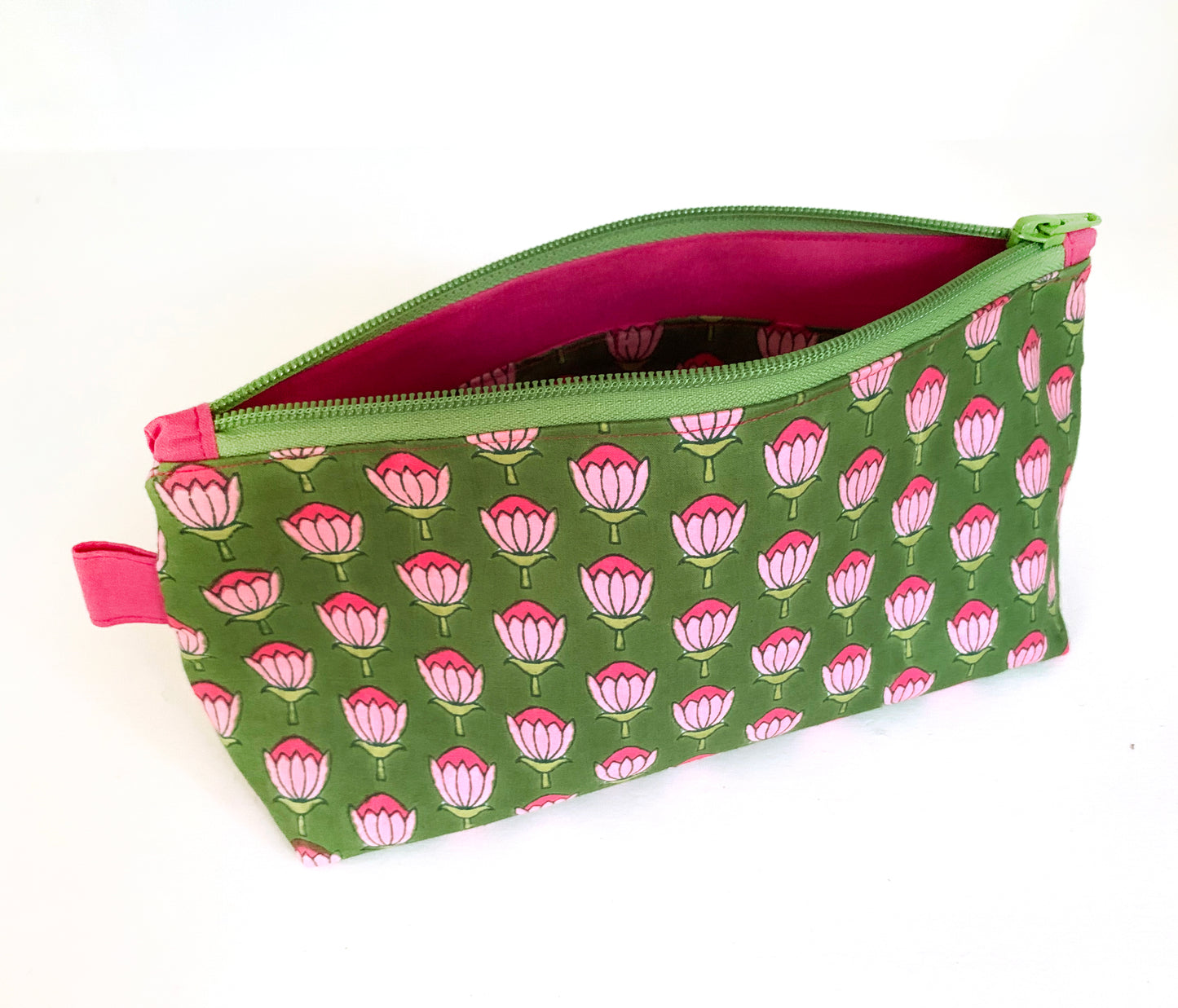 Indian block print makeup pouch – green fuchsia cotton cosmetic bag