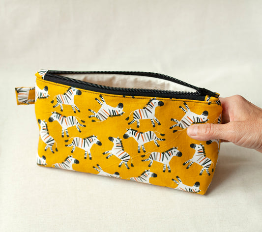 Zebra Print Makeup Bag – Handmade Cotton Toiletry Pouch, Sustainable Travel case