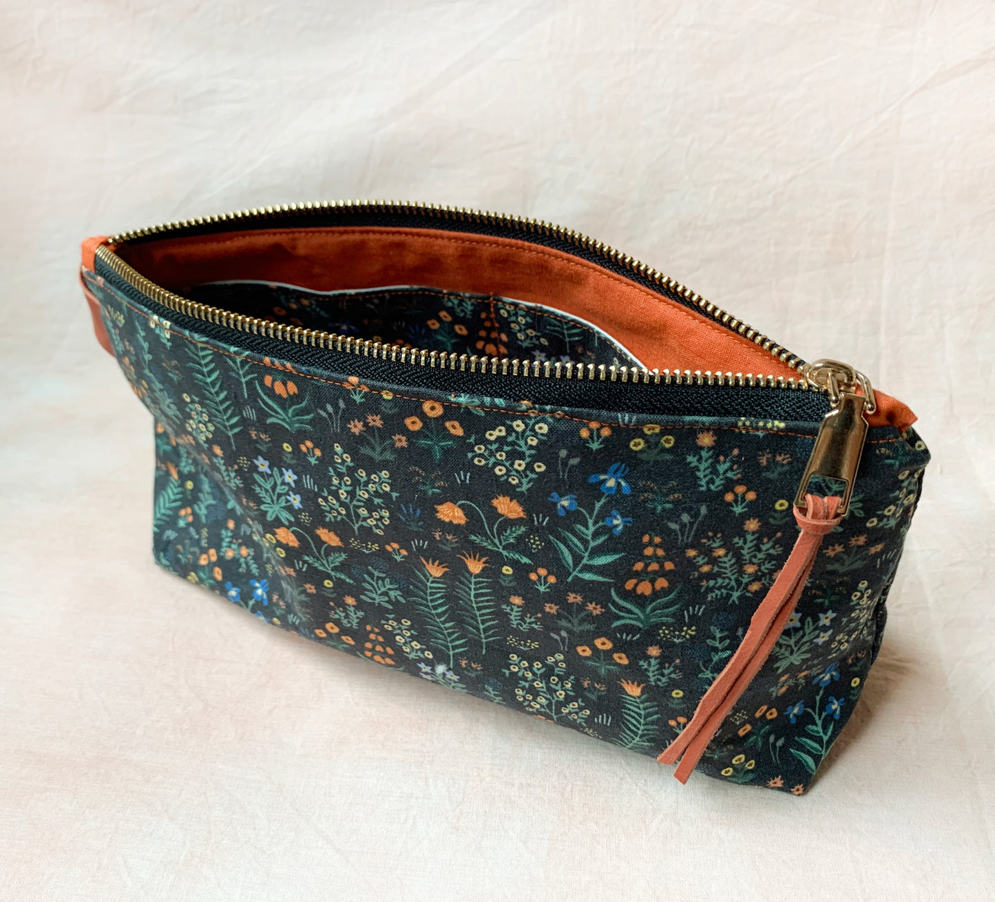Makeup pouch: Black floral whimsical cotton cosmetic bag, Rifle Paper Co fabric