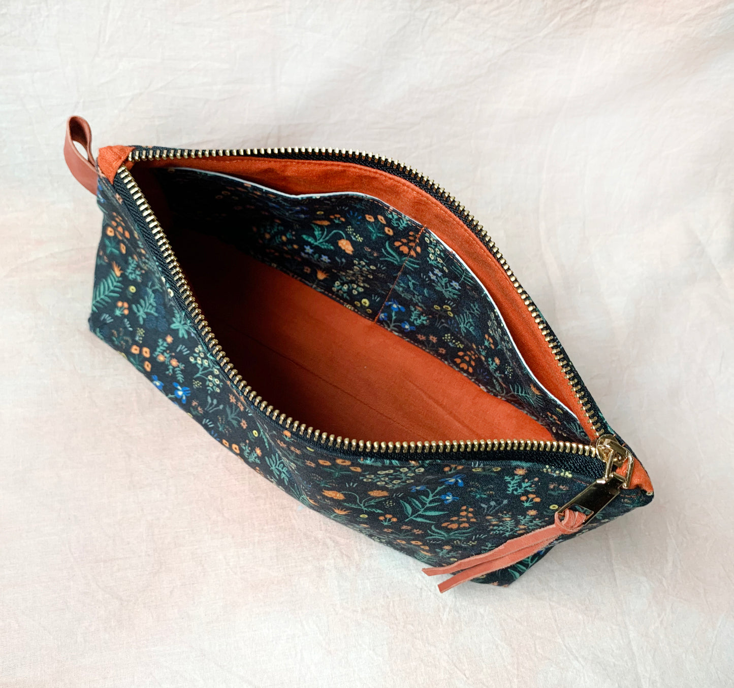 Makeup pouch: Black floral whimsical cotton cosmetic bag, Rifle Paper Co fabric