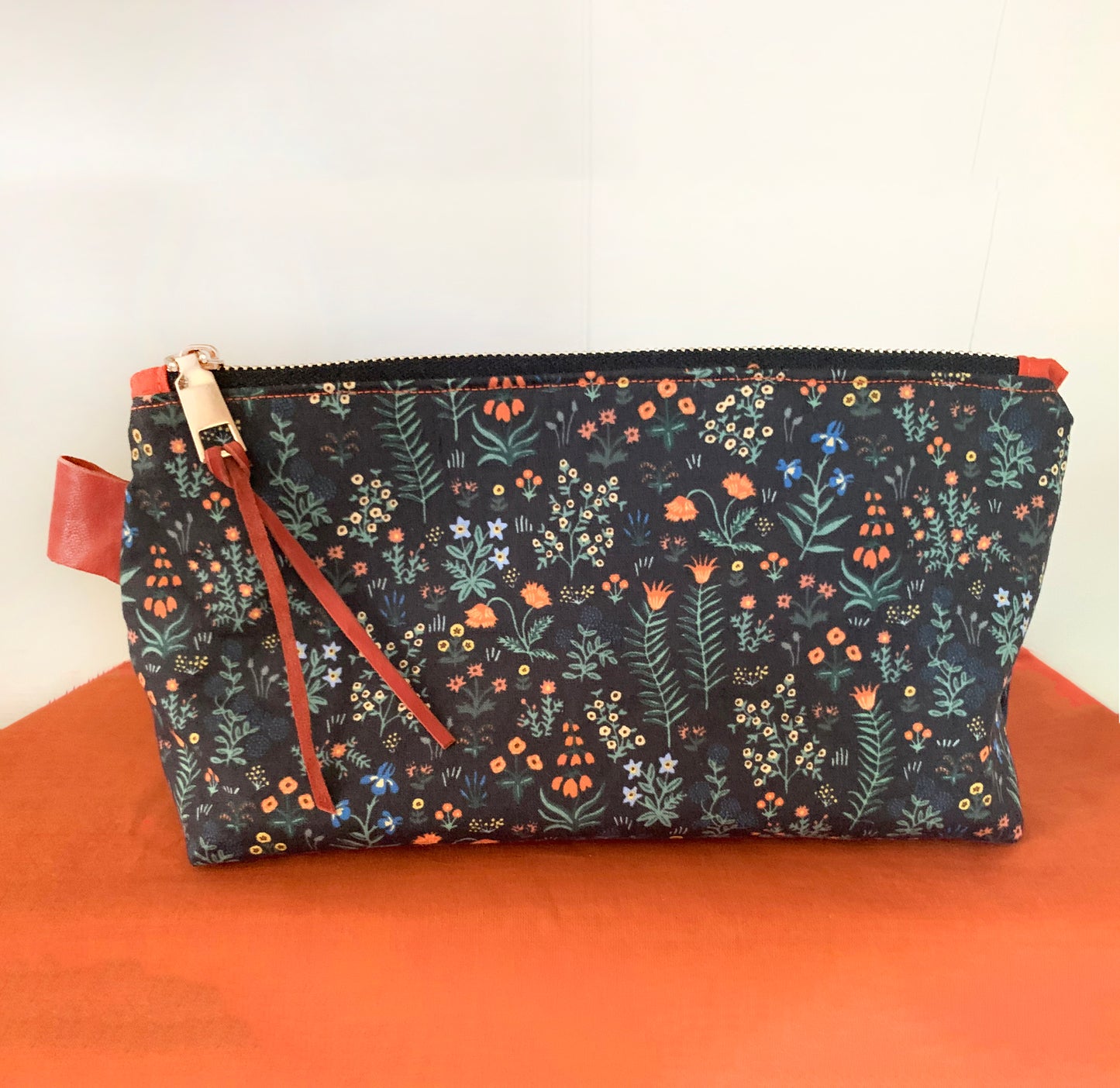 Makeup pouch: Black floral whimsical cotton cosmetic bag, Rifle Paper Co fabric