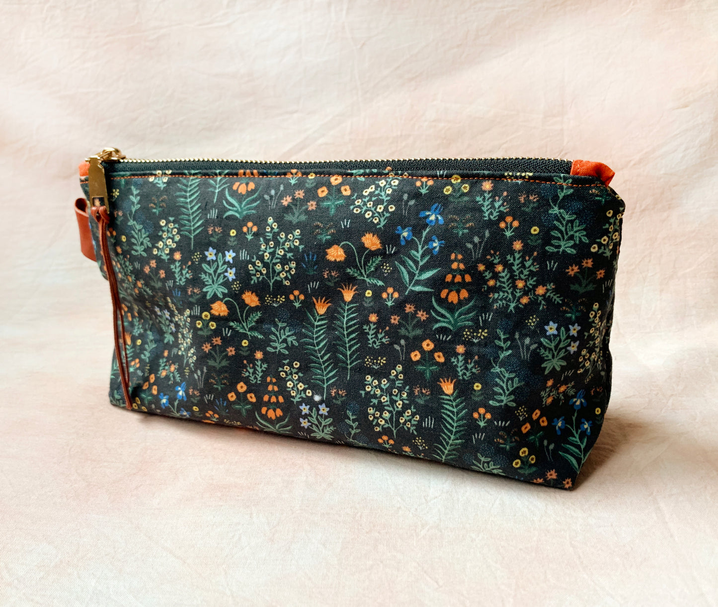Makeup pouch: Black floral whimsical cotton cosmetic bag, Rifle Paper Co fabric
