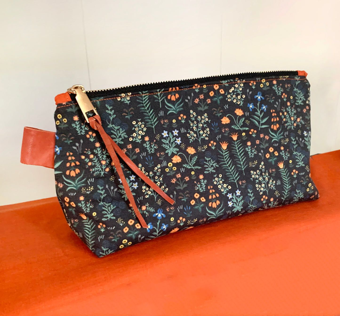 Makeup pouch: Black floral whimsical cotton cosmetic bag, Rifle Paper Co fabric