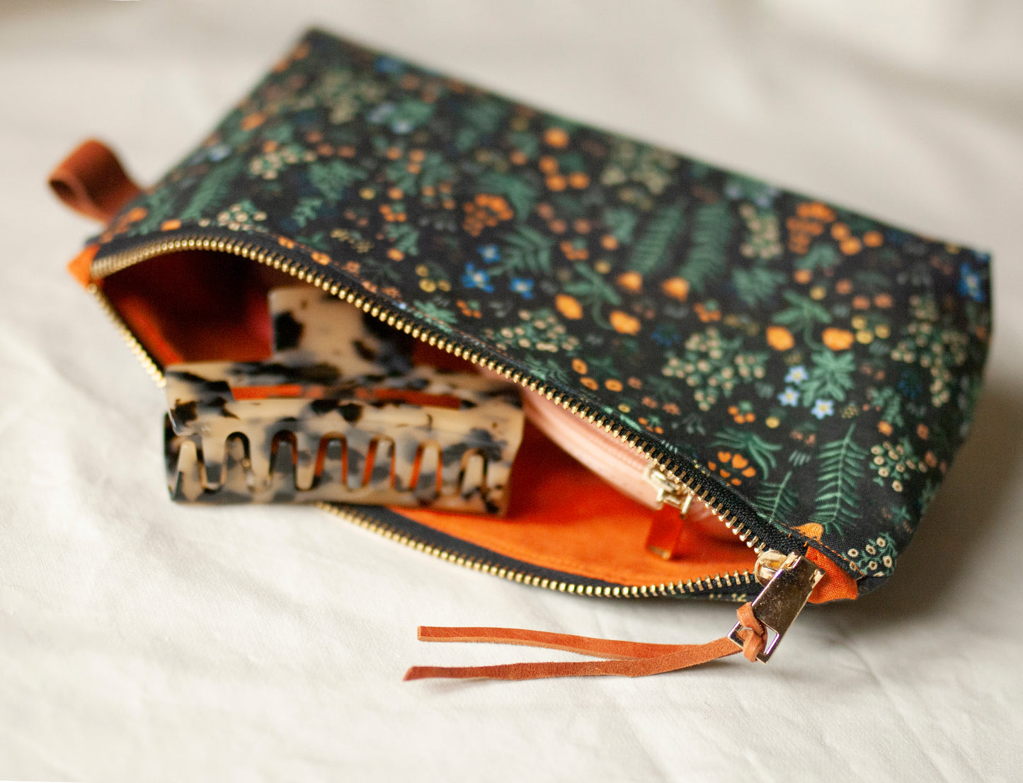 Makeup pouch: Black floral whimsical cotton cosmetic bag, Rifle Paper Co fabric