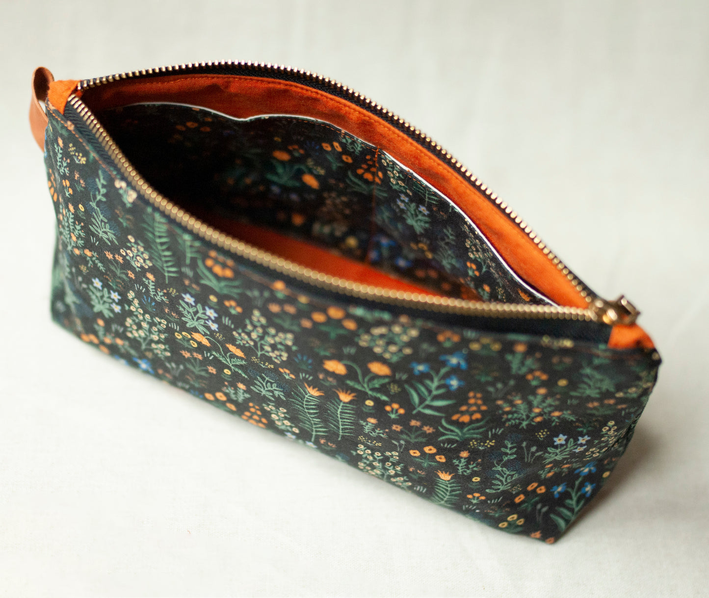 Makeup pouch: Black floral whimsical cotton cosmetic bag, Rifle Paper Co fabric
