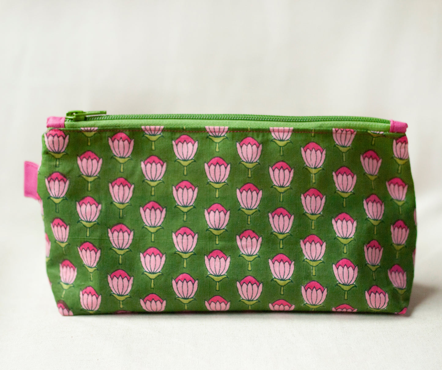 Indian block print makeup pouch – green fuchsia cotton cosmetic bag