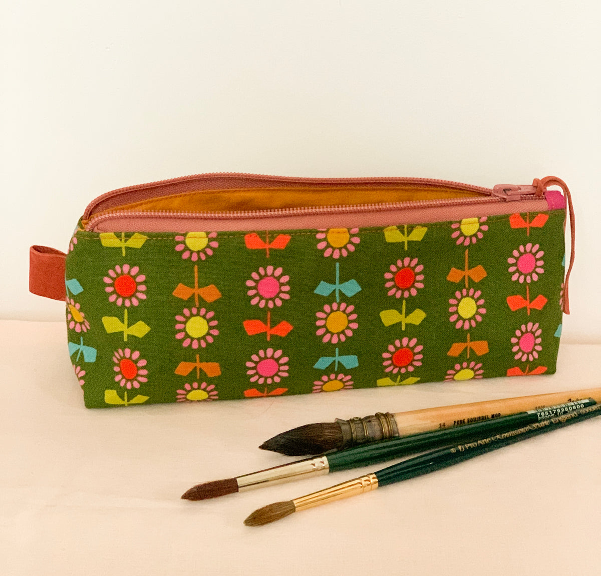 Artist supply brush case with modern floral print