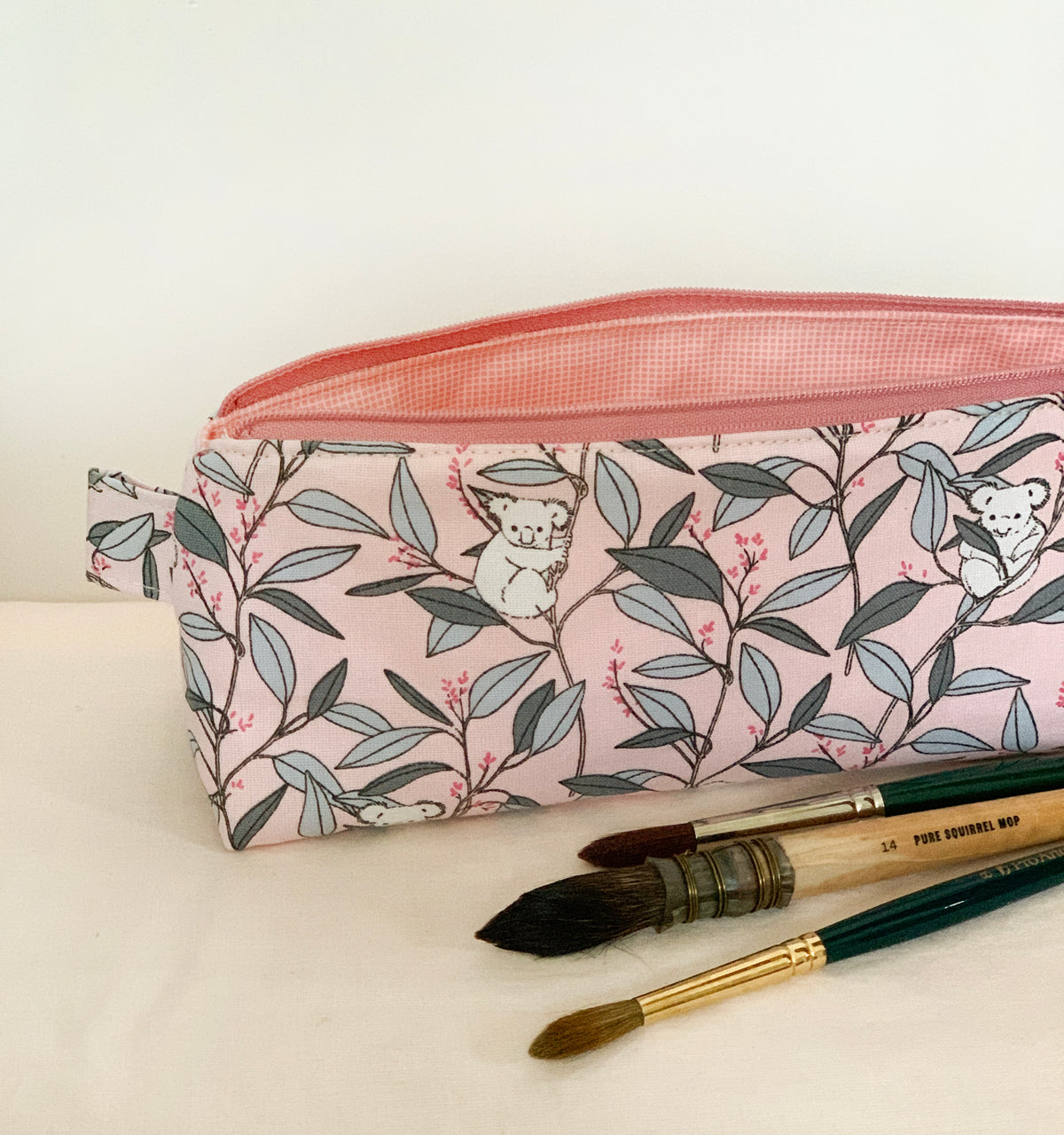 Artist supply brush case with cute panda animal fabric print