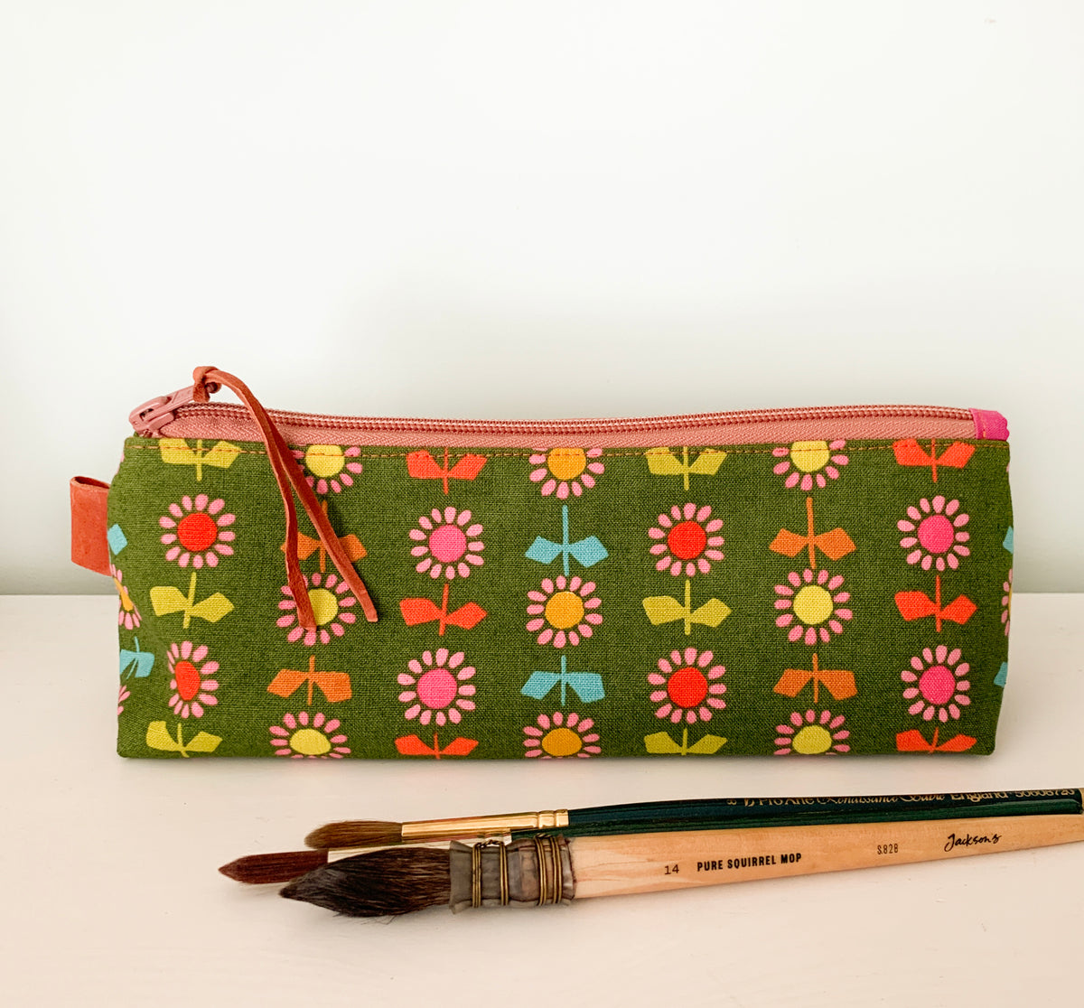 Artist supply brush case with modern floral print
