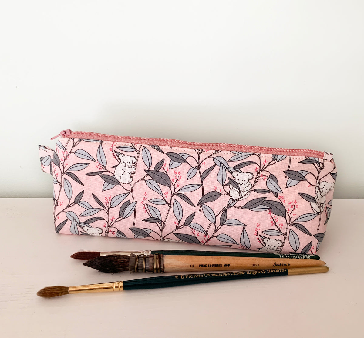 Artist supply brush case with cute panda animal fabric print