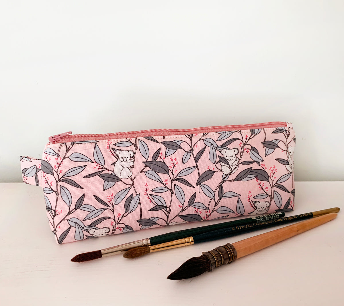 Artist supply brush case with cute panda animal fabric print