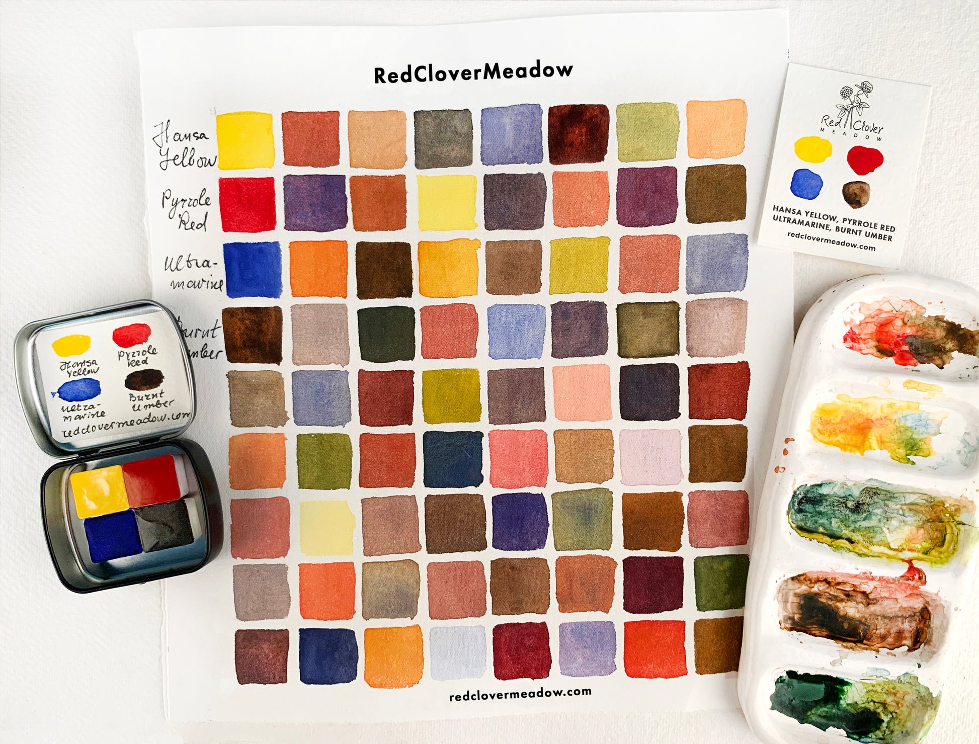 Classic mini palette - watercolor set of 4 colors. Handmade watercolor paint. Travel watercolor palette. Primary colors. Eco-friendly paints. Watercolor supplies. Color chart.