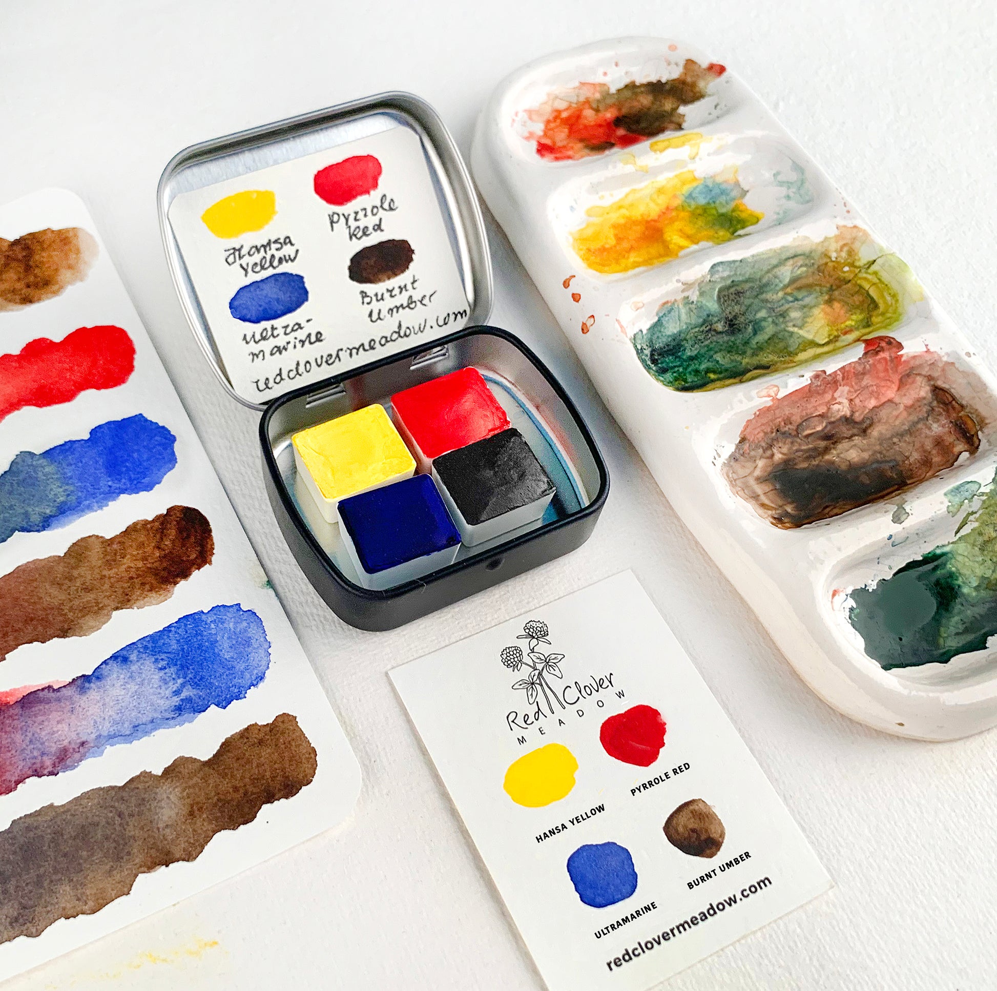 Classic mini palette - watercolor set of 4 colors. Handmade watercolor paint. Travel watercolor palette. Primary colors. Eco-friendly paints. Watercolor supplies.