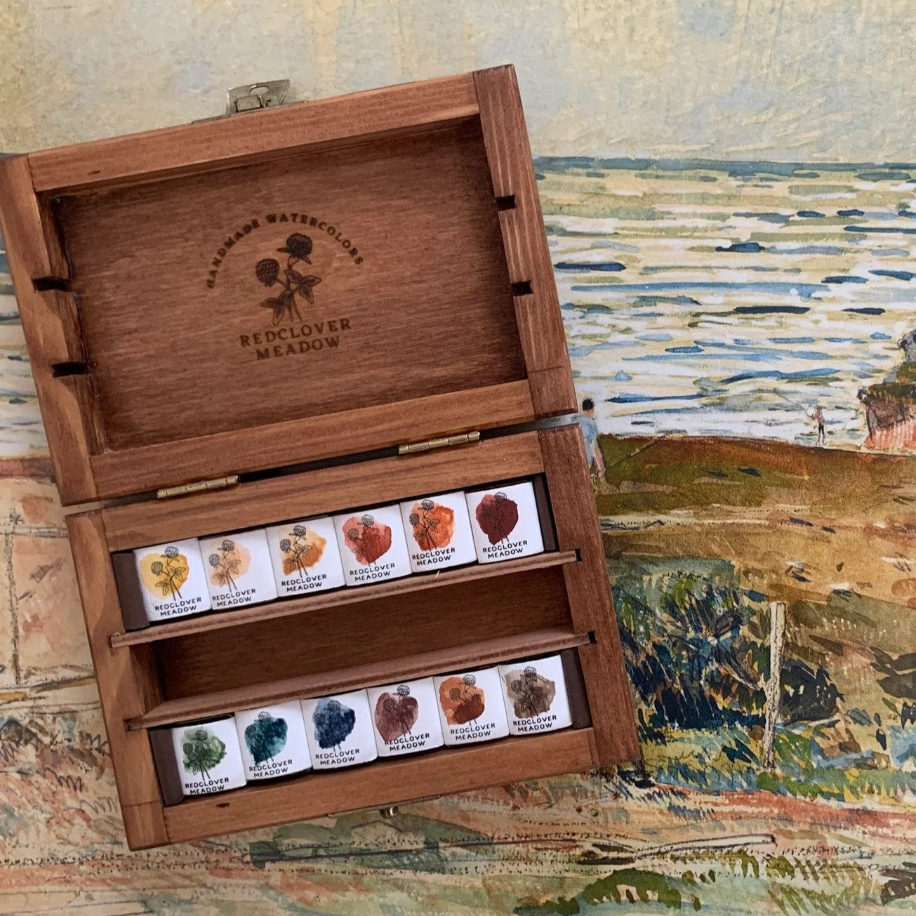 Wooden Box MIneral Watercolor Palette 12 Colors RedCloverMeadow wooden-box-mineral-watercolor-palette-12-colors-redclovermeadow